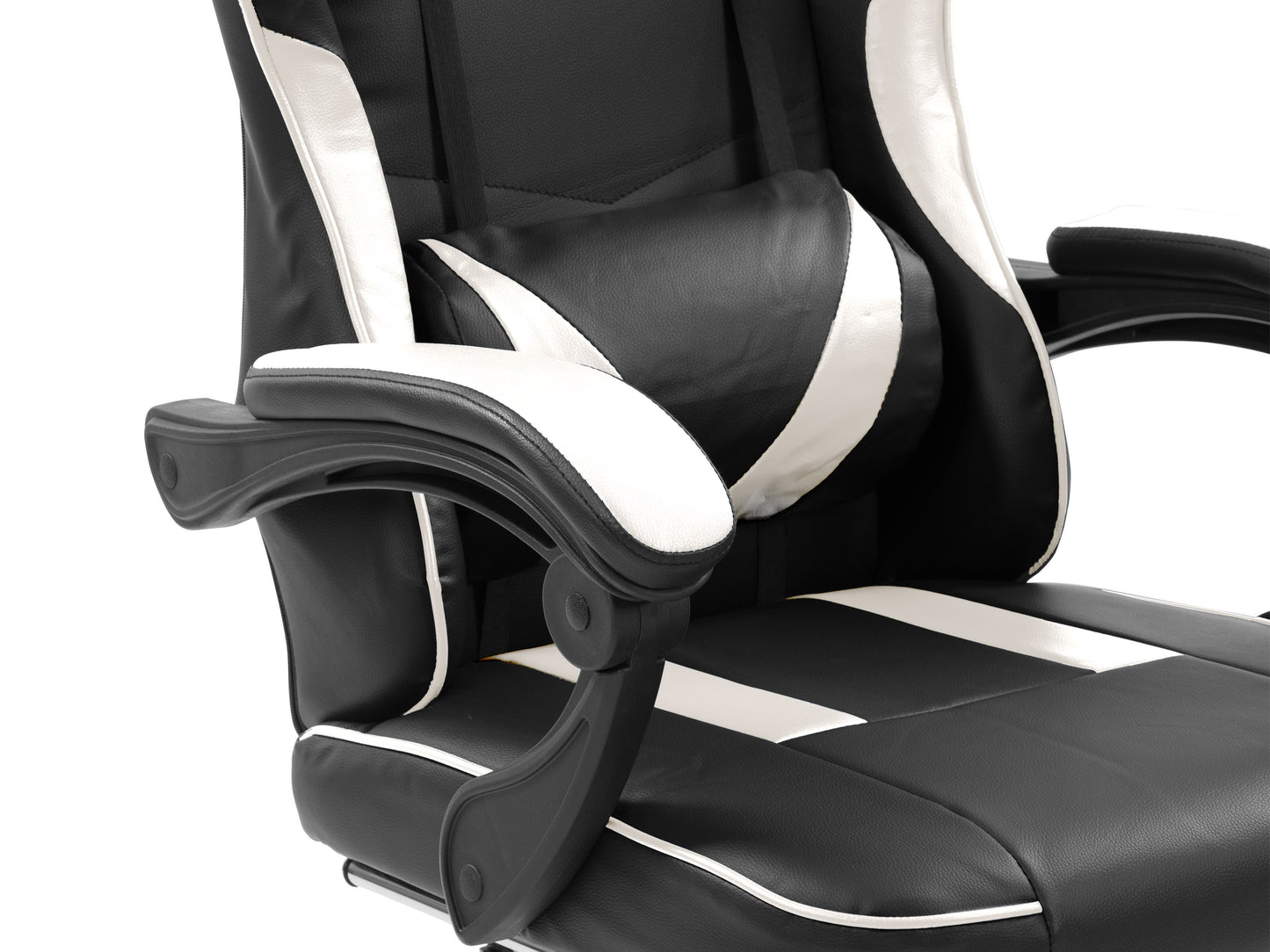 Black and red gaming chair with footrest, ergonomic design, high backrest, adjustable armrests, and lumbar support, featuring breathable leather material and sleek stitching for ultimate comfort and style.