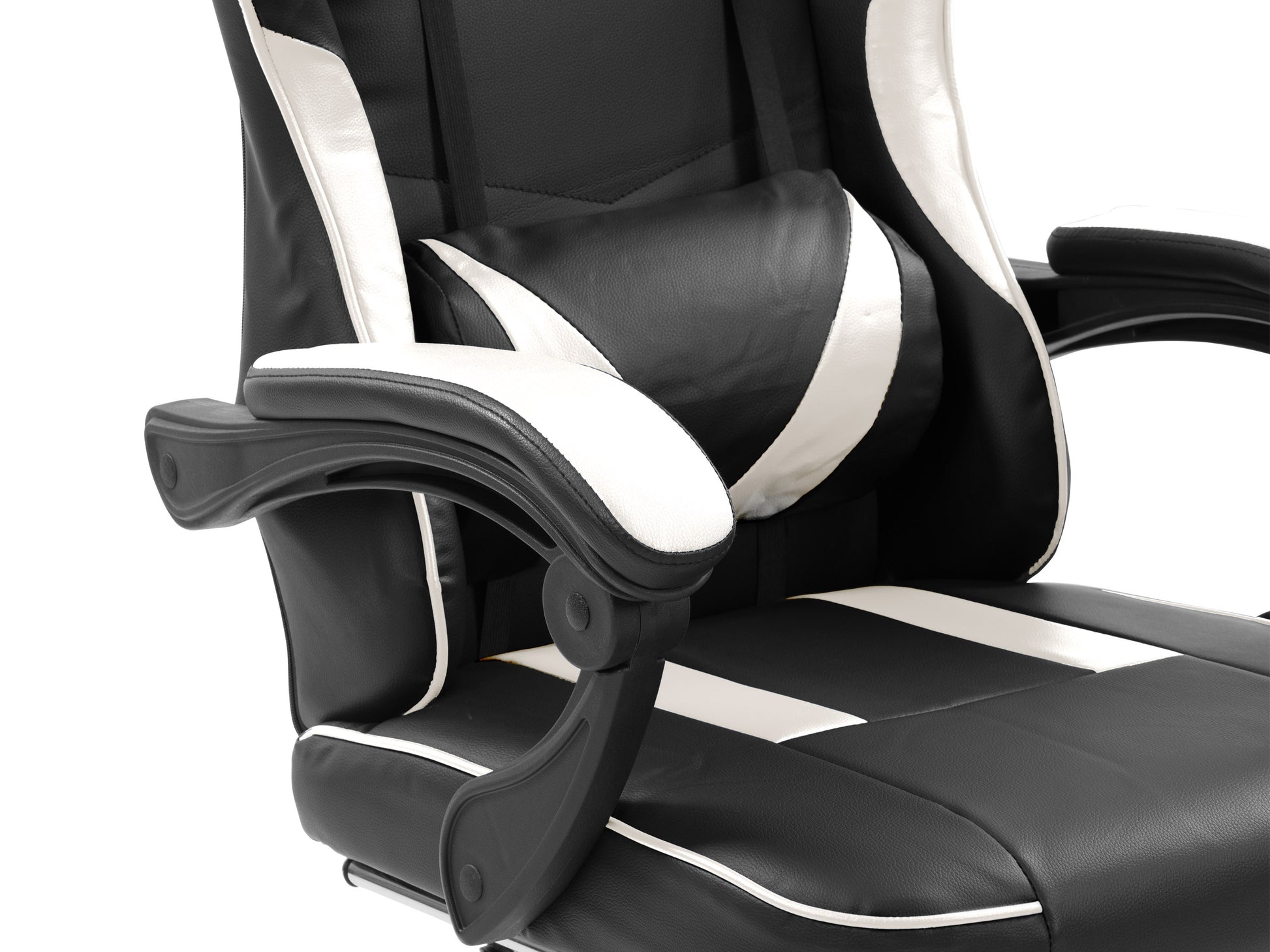 Black and red gaming chair with footrest, ergonomic design, high backrest, adjustable armrests, and lumbar support, featuring breathable leather material and sleek stitching for ultimate comfort and style.
