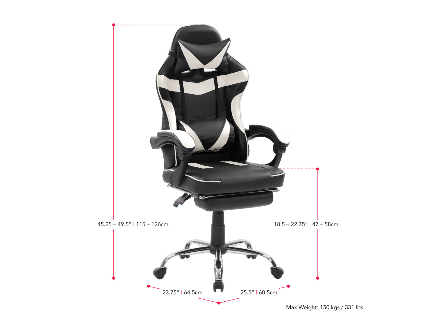 Ergonomic black and red gaming chair with adjustable armrests, built-in footrest, high backrest, and lumbar support, made from breathable leather and mesh fabric, perfect for long gaming sessions.