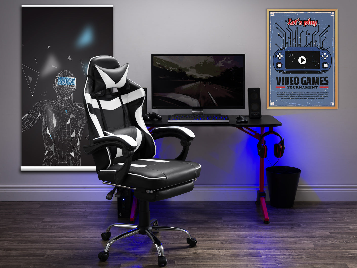 Black and red gaming chair with footrest, ergonomic design, padded armrests, high backrest, adjustable height, and lumbar support, made with breathable PU leather and mesh fabric, ideal for gamers and office use.