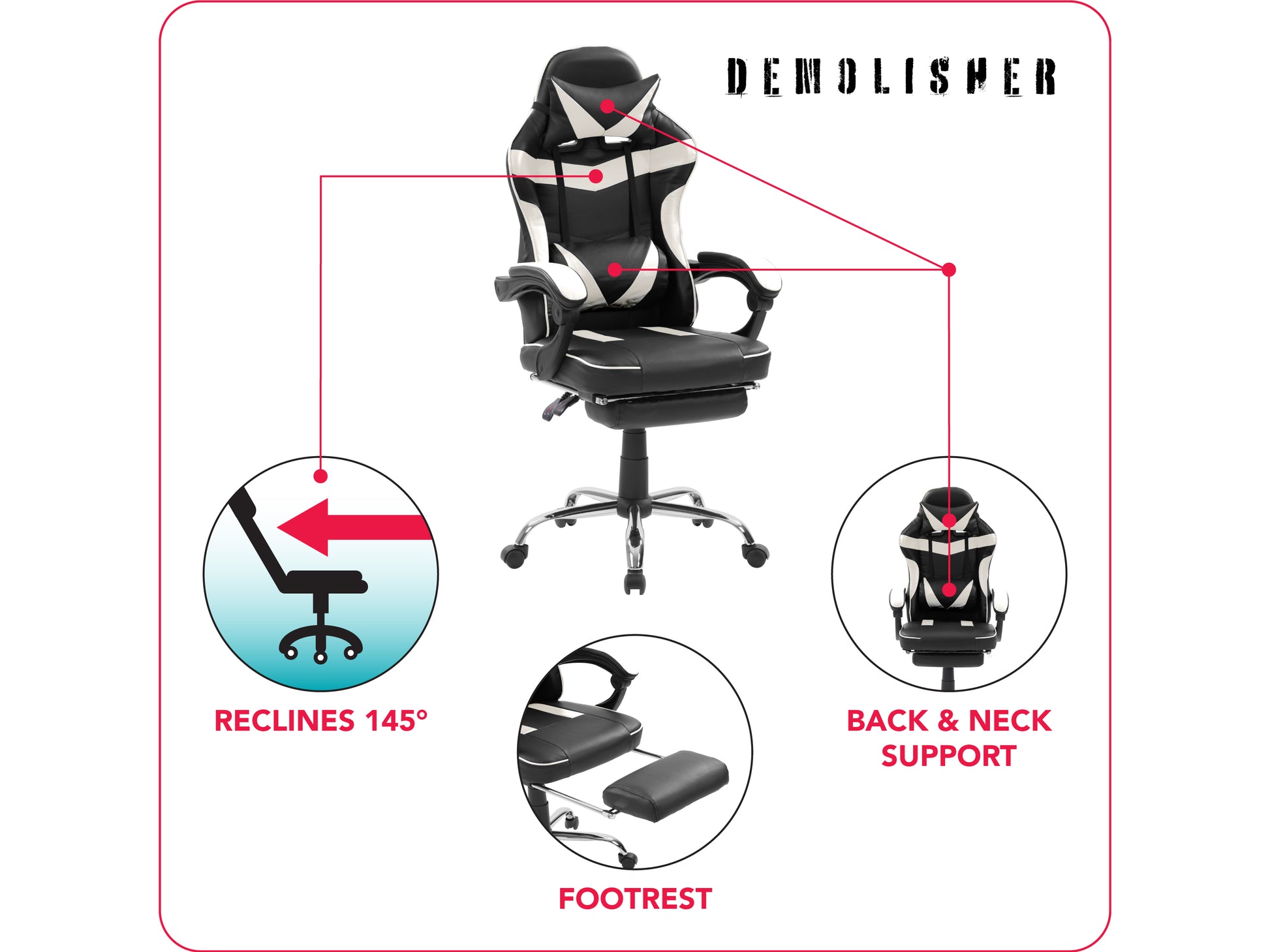 Black and red gaming chair with adjustable footrest, ergonomic design, high backrest, lumbar support, and padded armrests. Made with breathable PU leather and mesh fabric, ideal for long gaming sessions.
