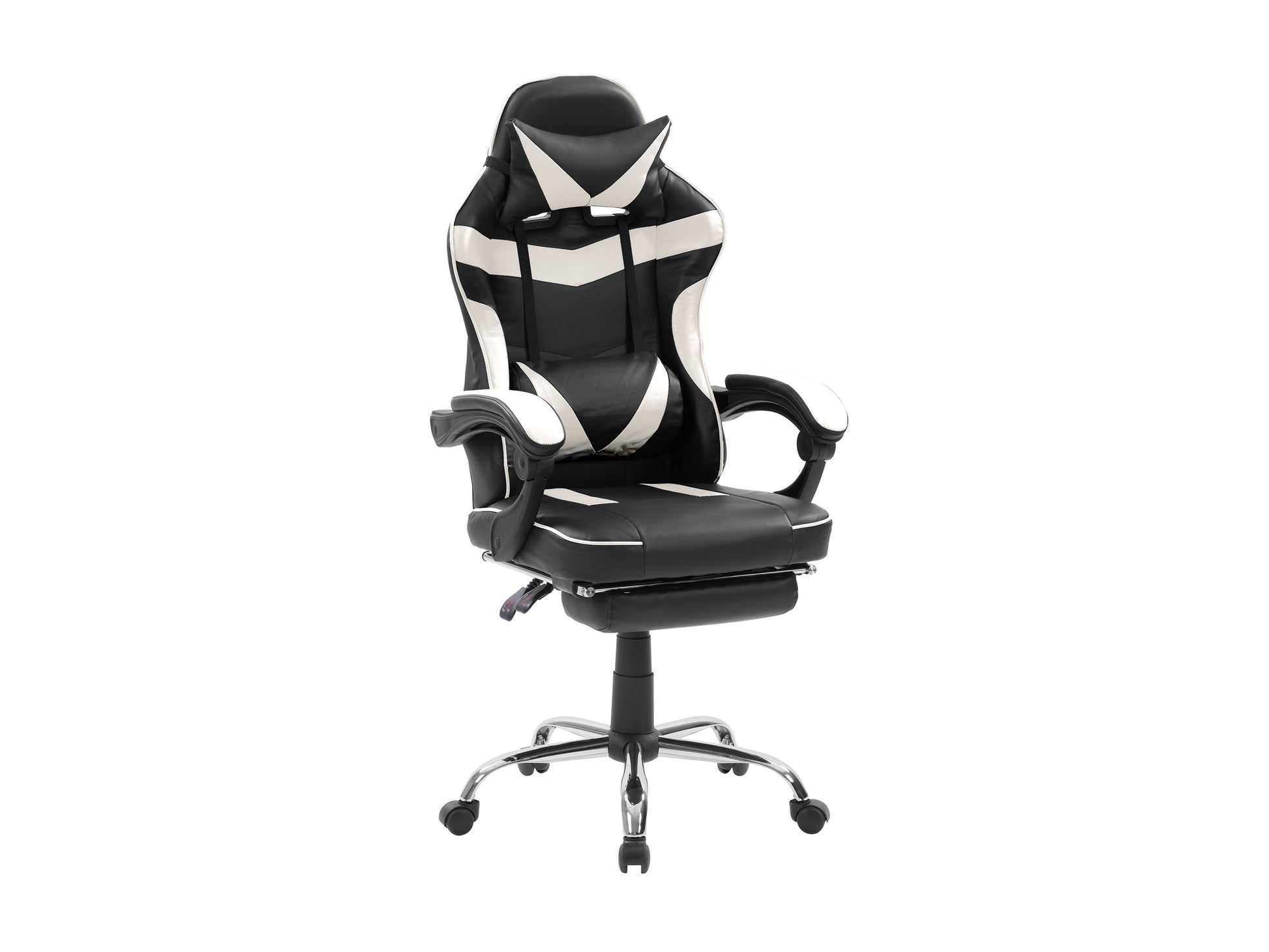 Black and white ergonomic gaming chair with footrest, padded armrests, adjustable height, and lumbar support, designed for comfort during long gaming sessions.