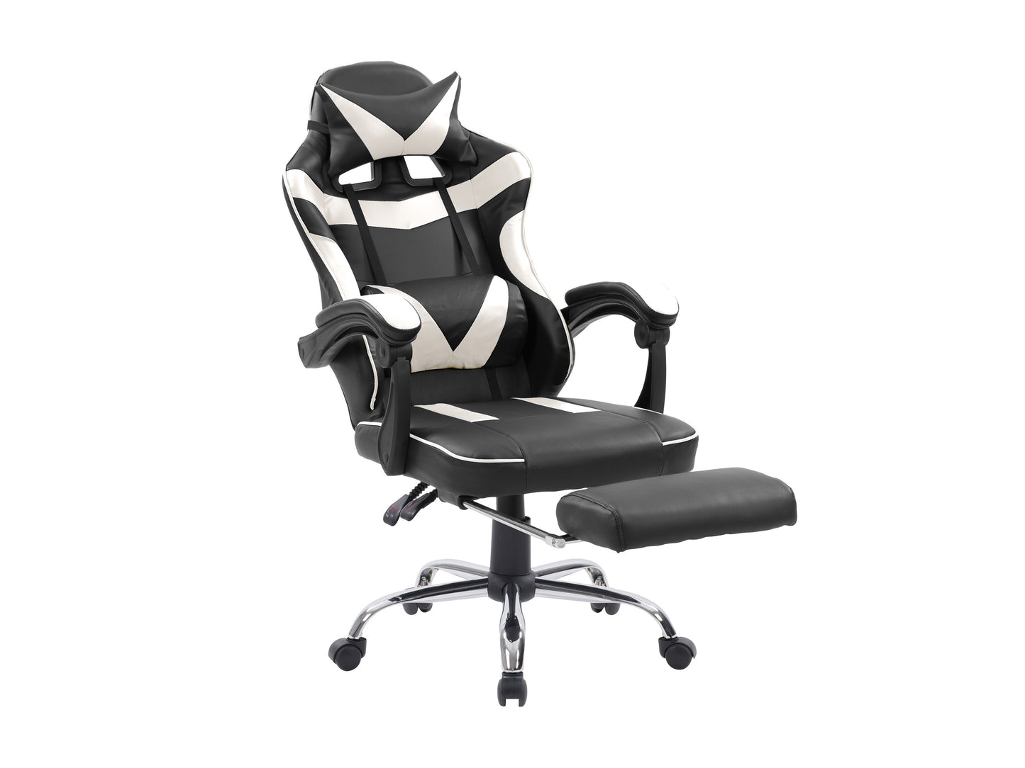 Black and white gaming chair with footrest, ergonomic design, high backrest, padded armrests, and adjustable height, made of PU leather, suitable for office or gaming setups.