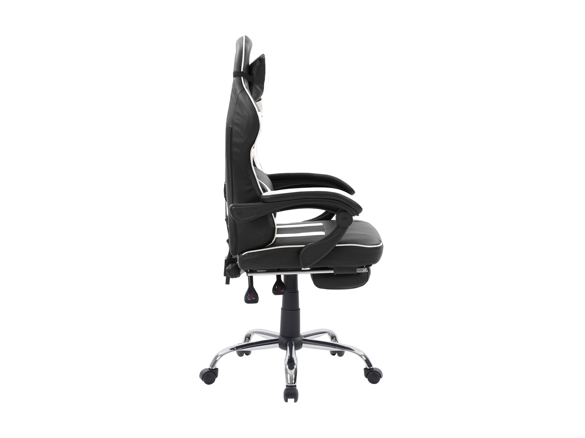 Black and red ergonomic gaming chair with footrest, featuring padded armrests, high-back design, adjustable headrest, lumbar support, and breathable faux leather upholstery for ultimate comfort during long gaming sessions.