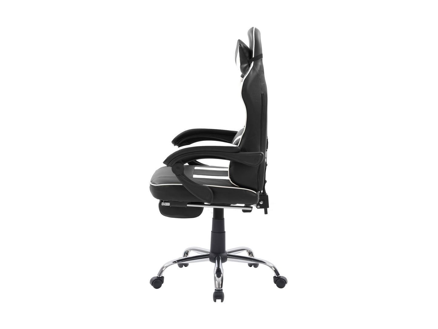 Ergonomic black and red gaming chair with adjustable armrests, built-in headrest, lumbar support, and retractable footrest.
