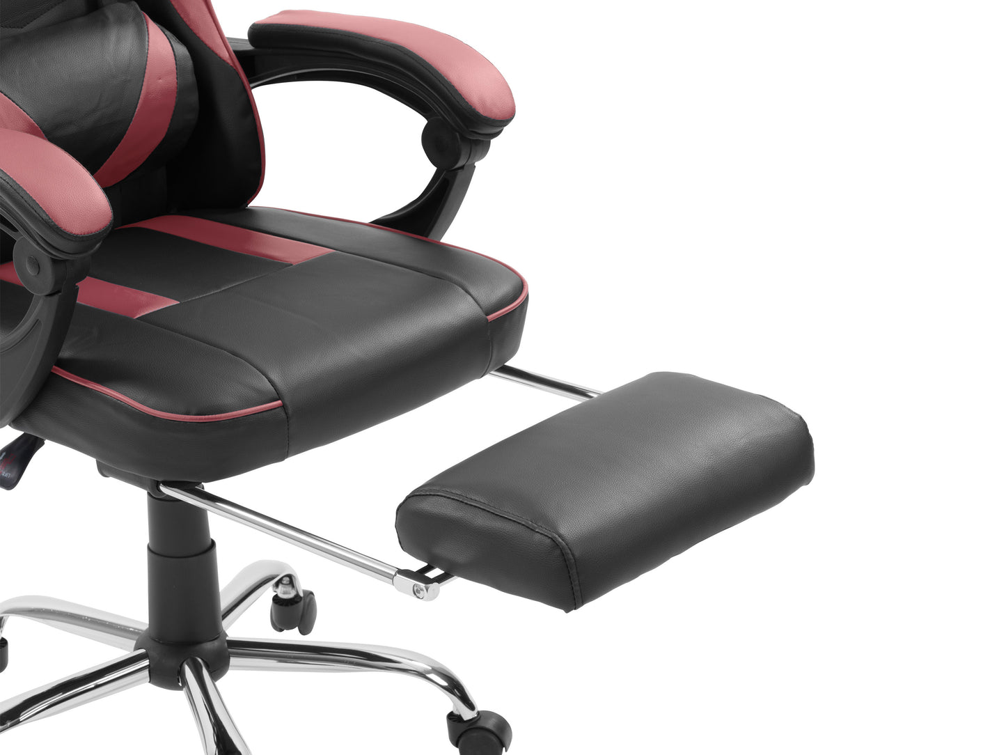 Black and red gaming chair with footrest, ergonomic design, adjustable armrests, high-density foam, breathable PU leather, and lumbar support. Perfect for gamers seeking comfort and style.