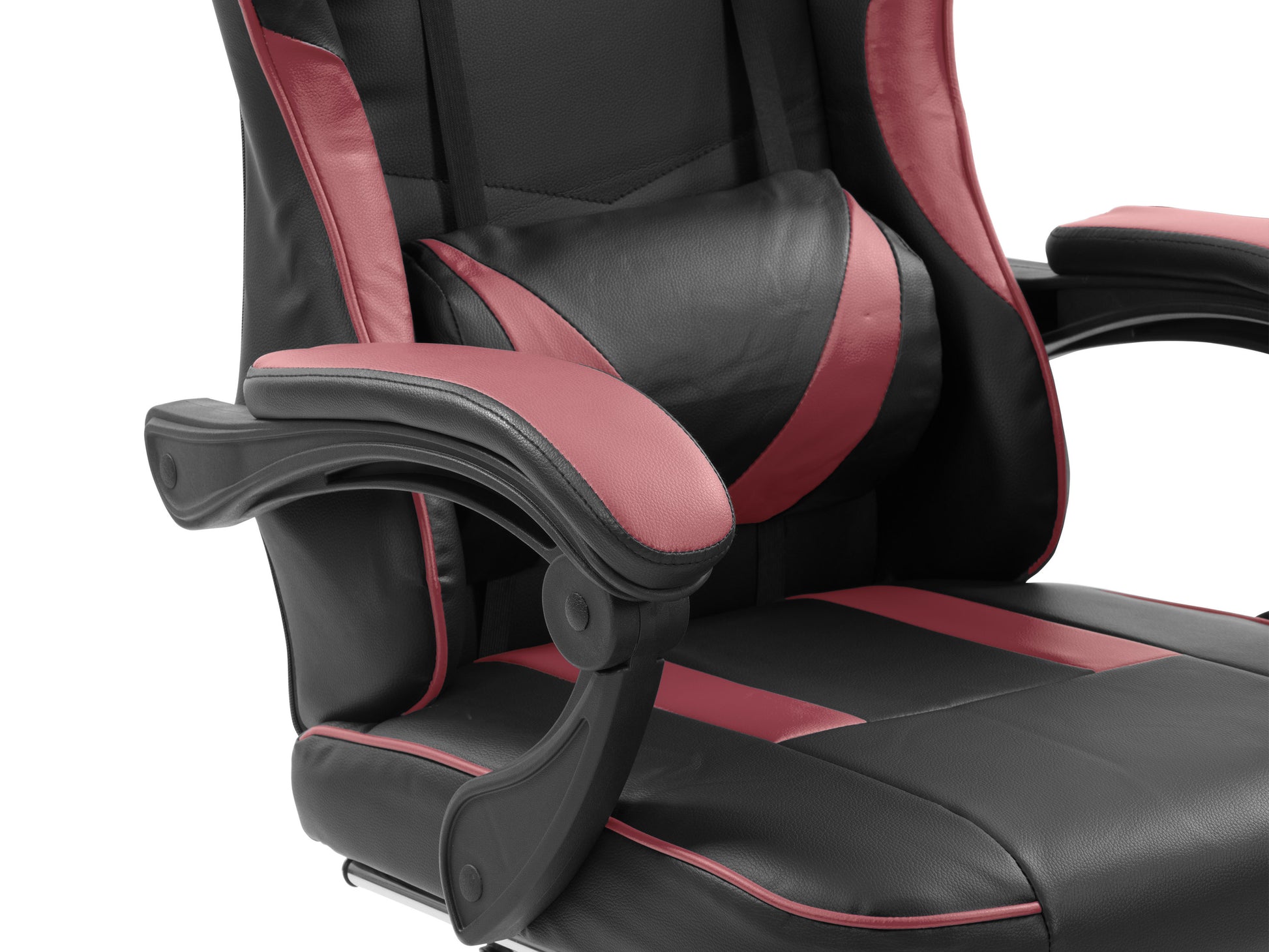 Ergonomic black and red gaming chair with footrest, adjustable armrests, high-density foam padding, and breathable PU leather upholstery for ultimate comfort during long gaming sessions.