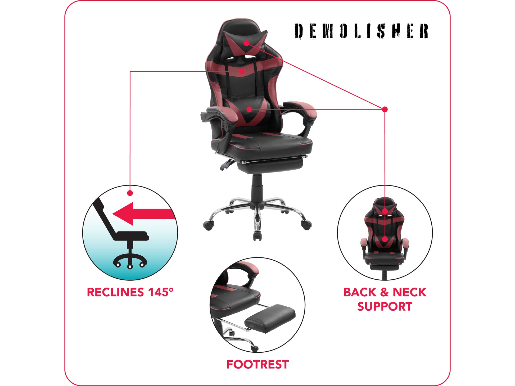 Black and red ergonomic gaming chair with adjustable headrest, lumbar support, and retractable footrest, featuring breathable PU leather and high-density foam for ultimate comfort during long gaming sessions.