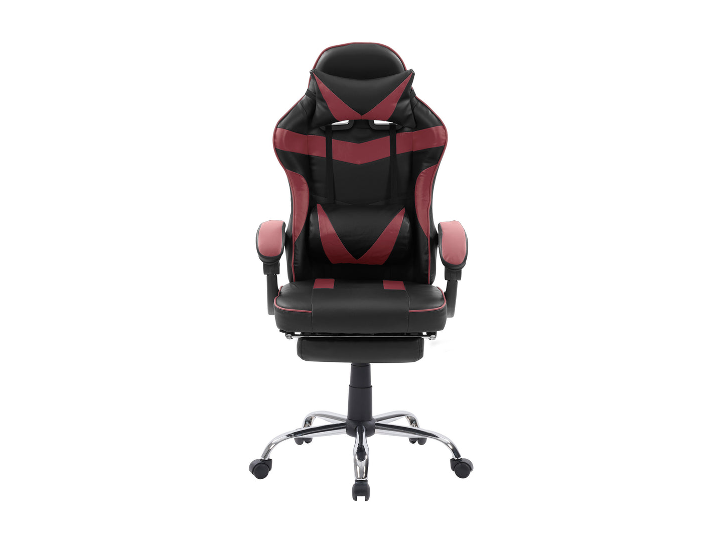 Black and red gaming chair with footrest, ergonomic design, adjustable armrests, high backrest, and lumbar support pillow, made from PU leather and breathable mesh, ideal for gamers and office use.