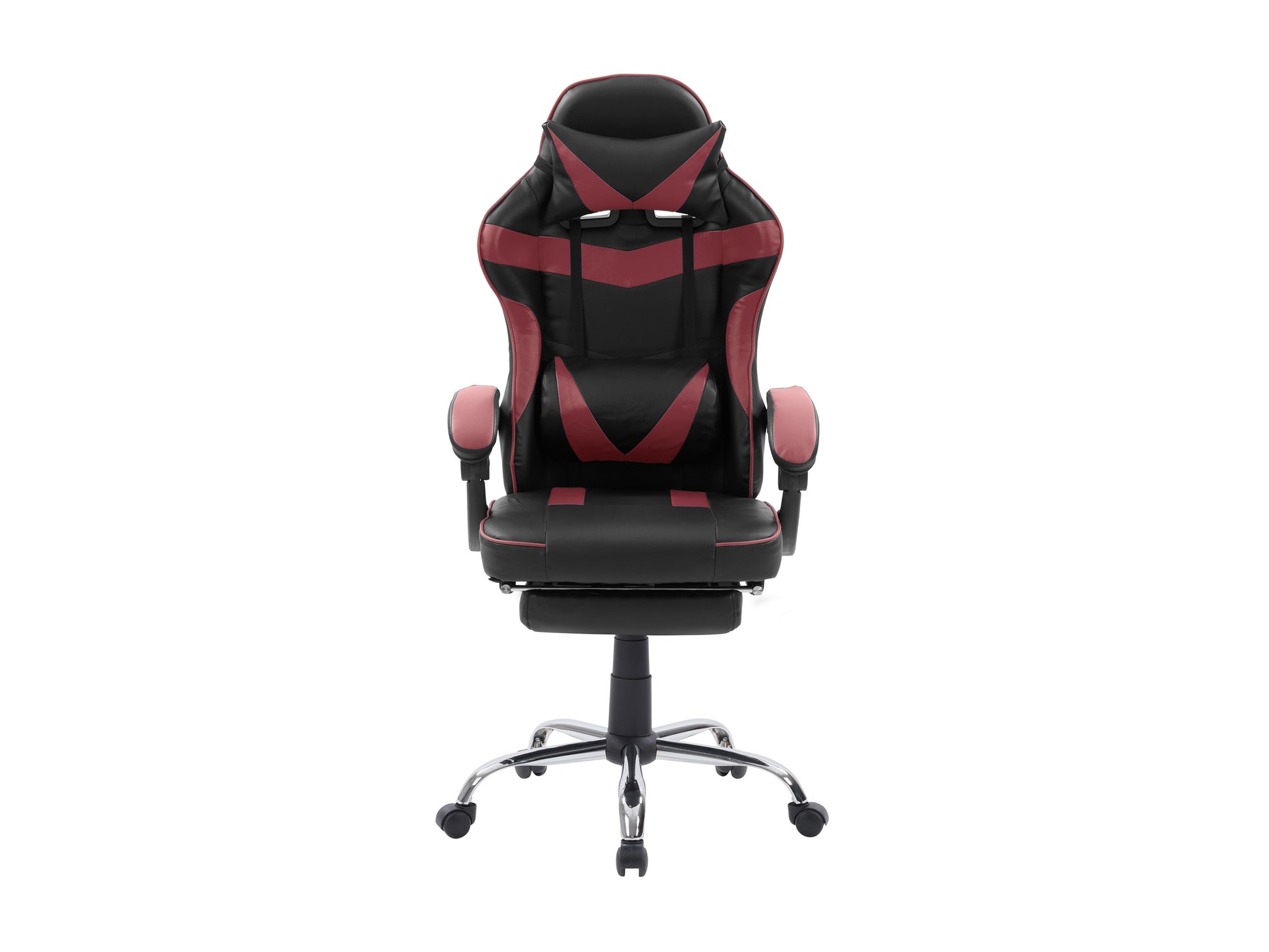 Black and red gaming chair with footrest, ergonomic design, adjustable armrests, high backrest, and lumbar support pillow, made from PU leather and breathable mesh, ideal for gamers and office use.