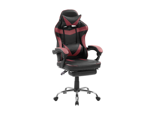 Black and red ergonomic gaming chair with footrest, high back support, breathable mesh fabric, adjustable armrests, and lumbar cushion for enhanced comfort during long gaming sessions.