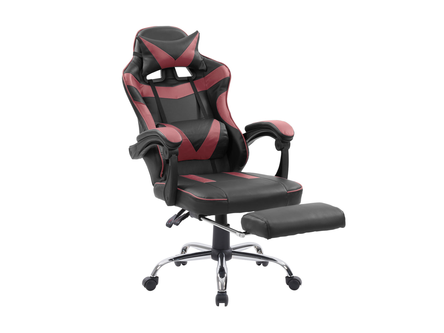 Ergonomic black and red gaming chair with footrest, adjustable armrests, high back support, and breathable PU leather upholstery ideal for gamers seeking comfort and style.
