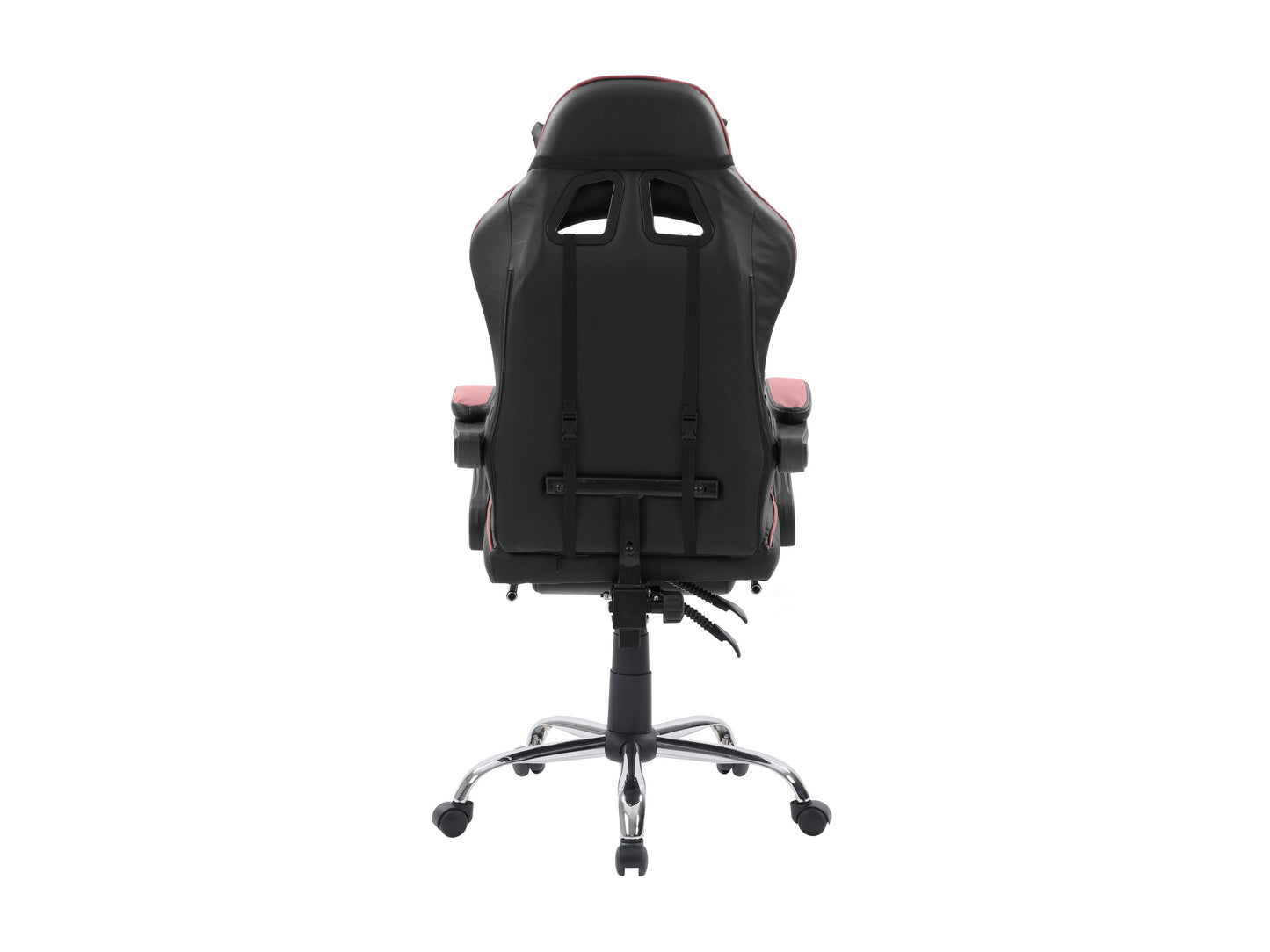 Black and red ergonomic gaming chair with adjustable headrest, lumbar support, and extendable footrest. Features high-density foam padding, breathable PU leather, and a sturdy metal frame for ultimate comfort and durability.