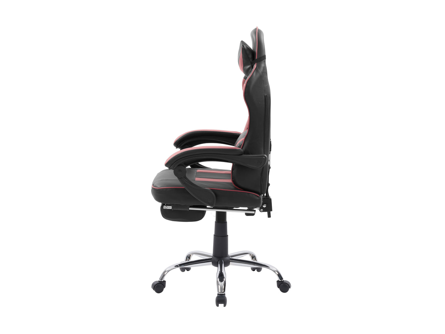 Ergonomic black and red gaming chair with adjustable footrest, high back support, cushioned armrests, and breathable mesh fabric, designed for comfort during long gaming sessions.
