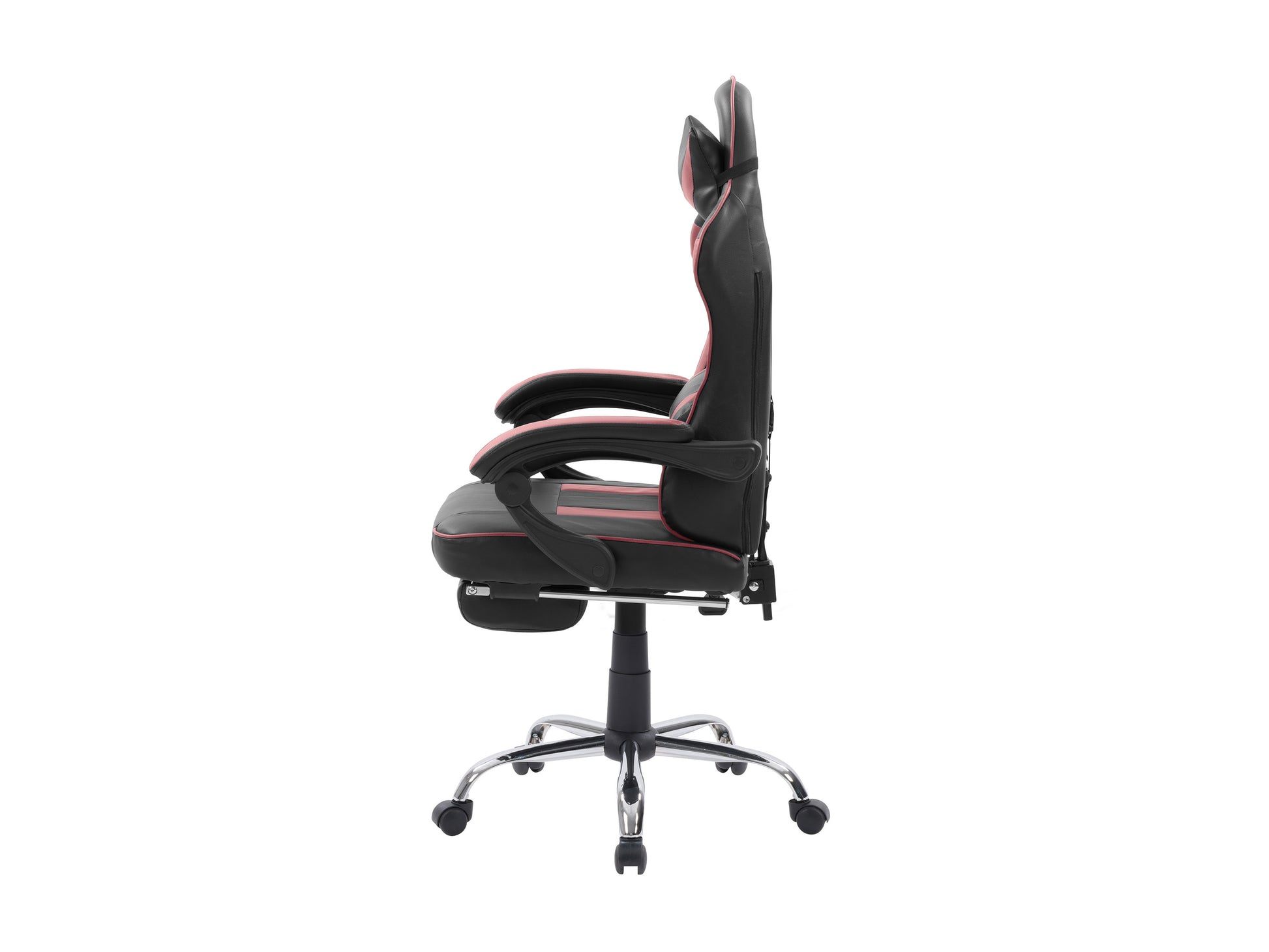 Ergonomic black and red gaming chair with adjustable footrest, high back support, cushioned armrests, and breathable mesh fabric, designed for comfort during long gaming sessions.