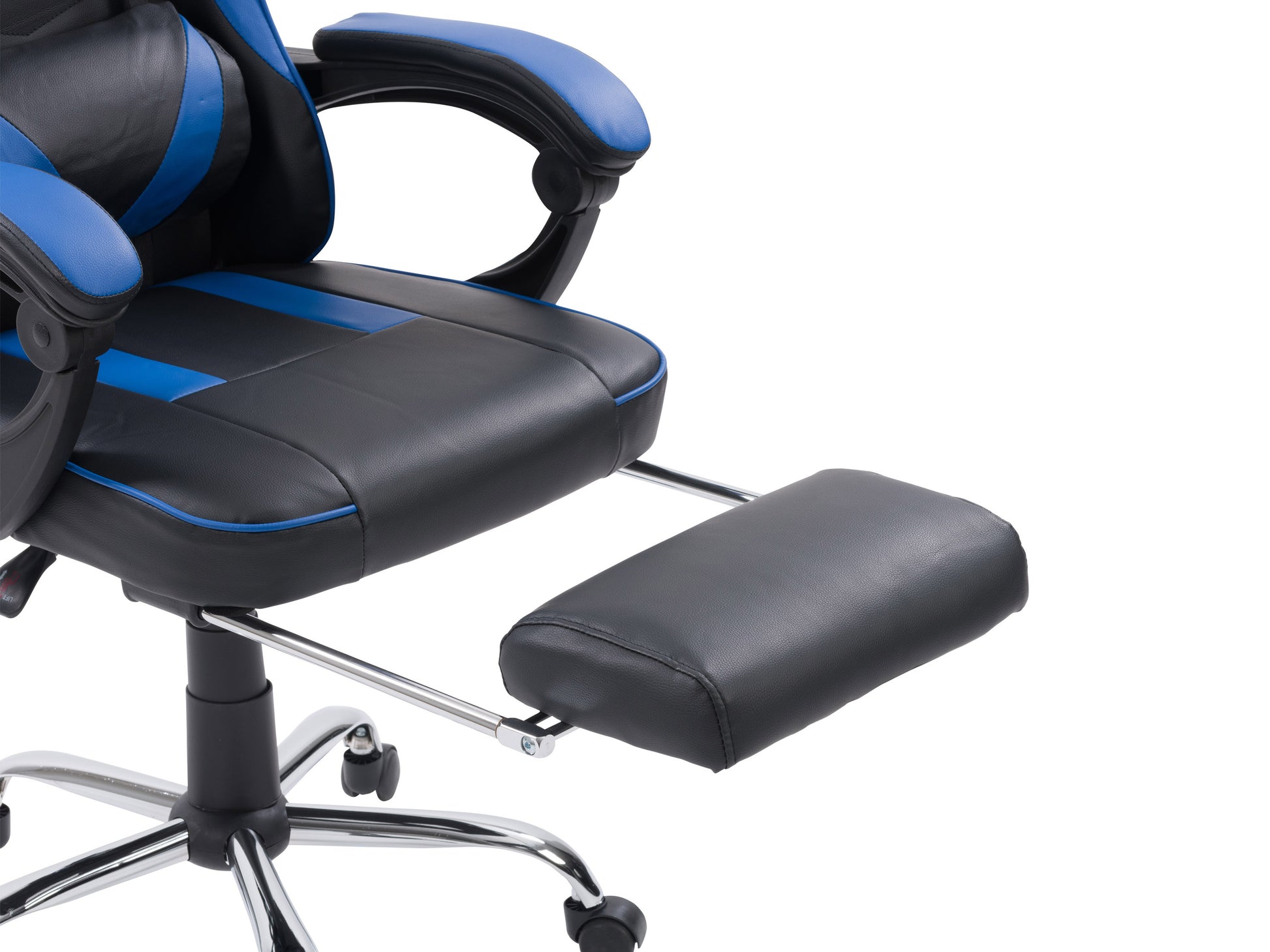 Ergonomic black and red gaming chair with high back, adjustable armrests, built-in lumbar support, and retractable footrest. Features breathable mesh fabric and padded seat for ultimate comfort during long gaming sessions.