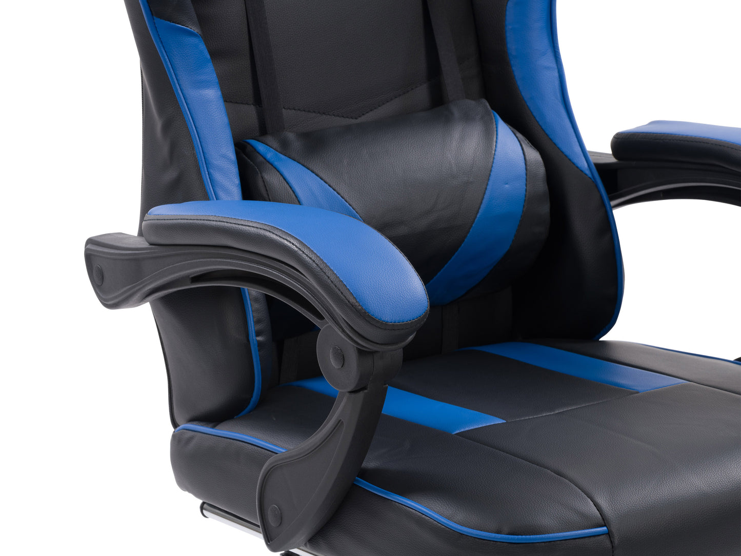 Black and white gaming chair with footrest, ergonomic design, high backrest, adjustable armrests, and lumbar support, made from PU leather with a sleek, modern look ideal for gamers and office use.