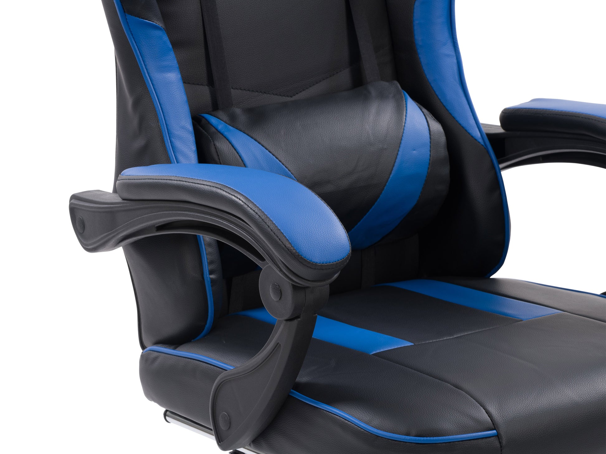 Black and white gaming chair with footrest, ergonomic design, high backrest, adjustable armrests, and lumbar support, made from PU leather with a sleek, modern look ideal for gamers and office use.