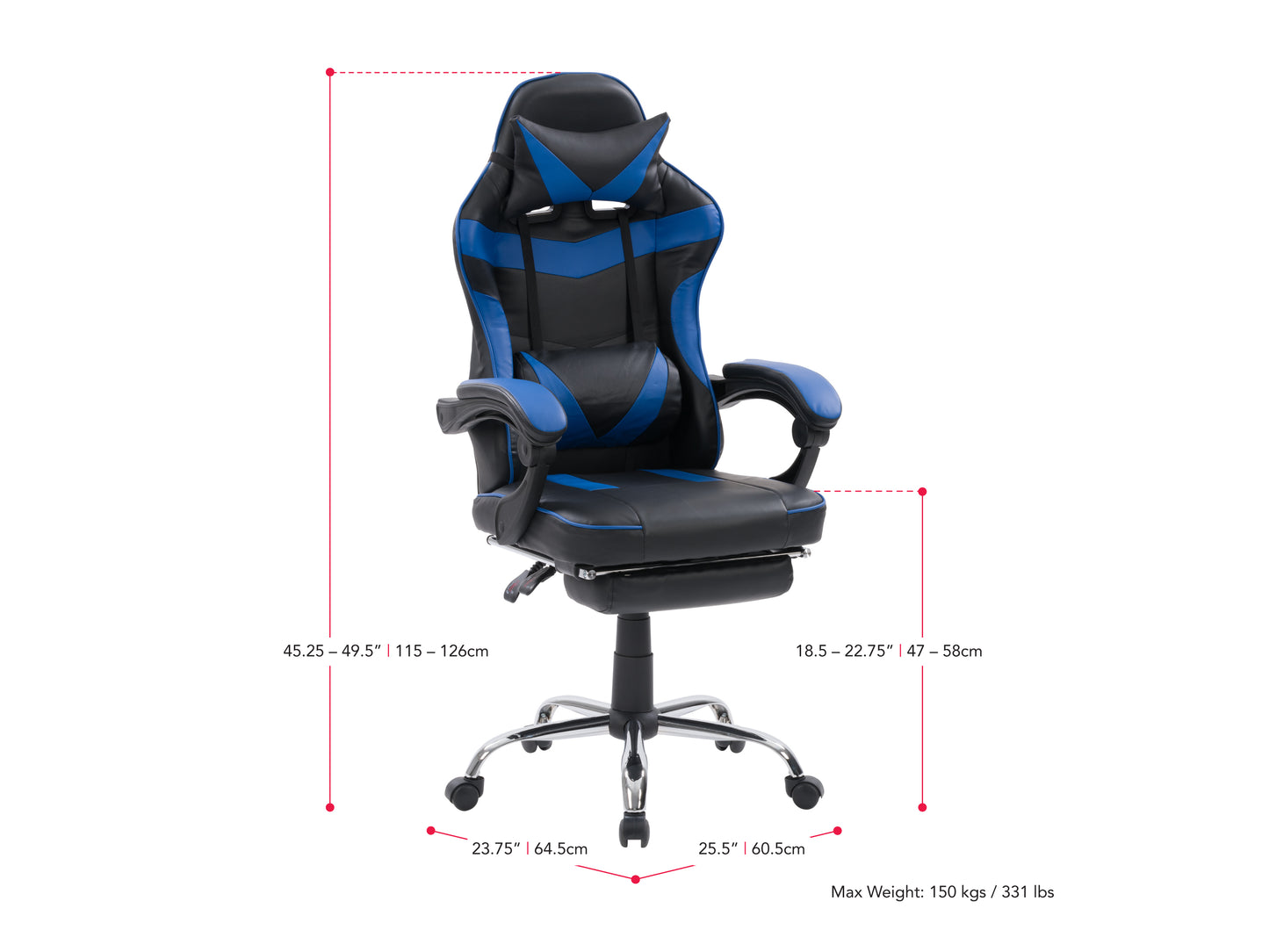 Ergonomic black and red gaming chair with footrest, high backrest, adjustable armrests, and breathable mesh fabric, designed for comfort and support during long gaming sessions.