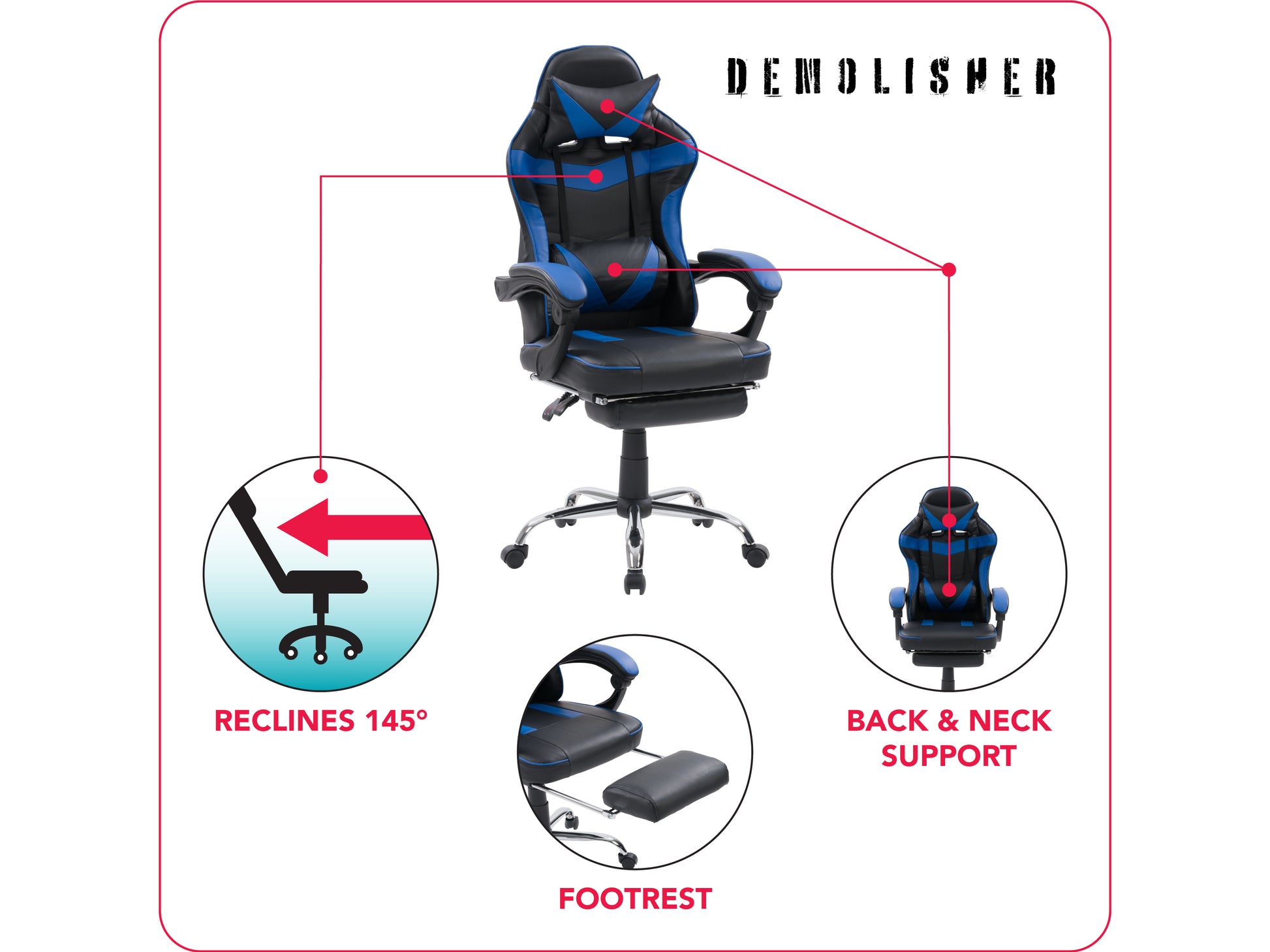 Black and red gaming chair with footrest, ergonomic design, adjustable armrests, high backrest, and lumbar support, made with breathable leather and mesh fabric, ideal for long gaming sessions.