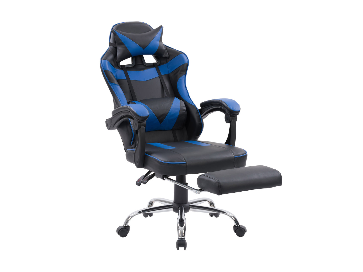 Ergonomic black and red gaming chair with footrest, high-back design, adjustable armrests, lumbar support, and breathable mesh fabric for comfort and durability.