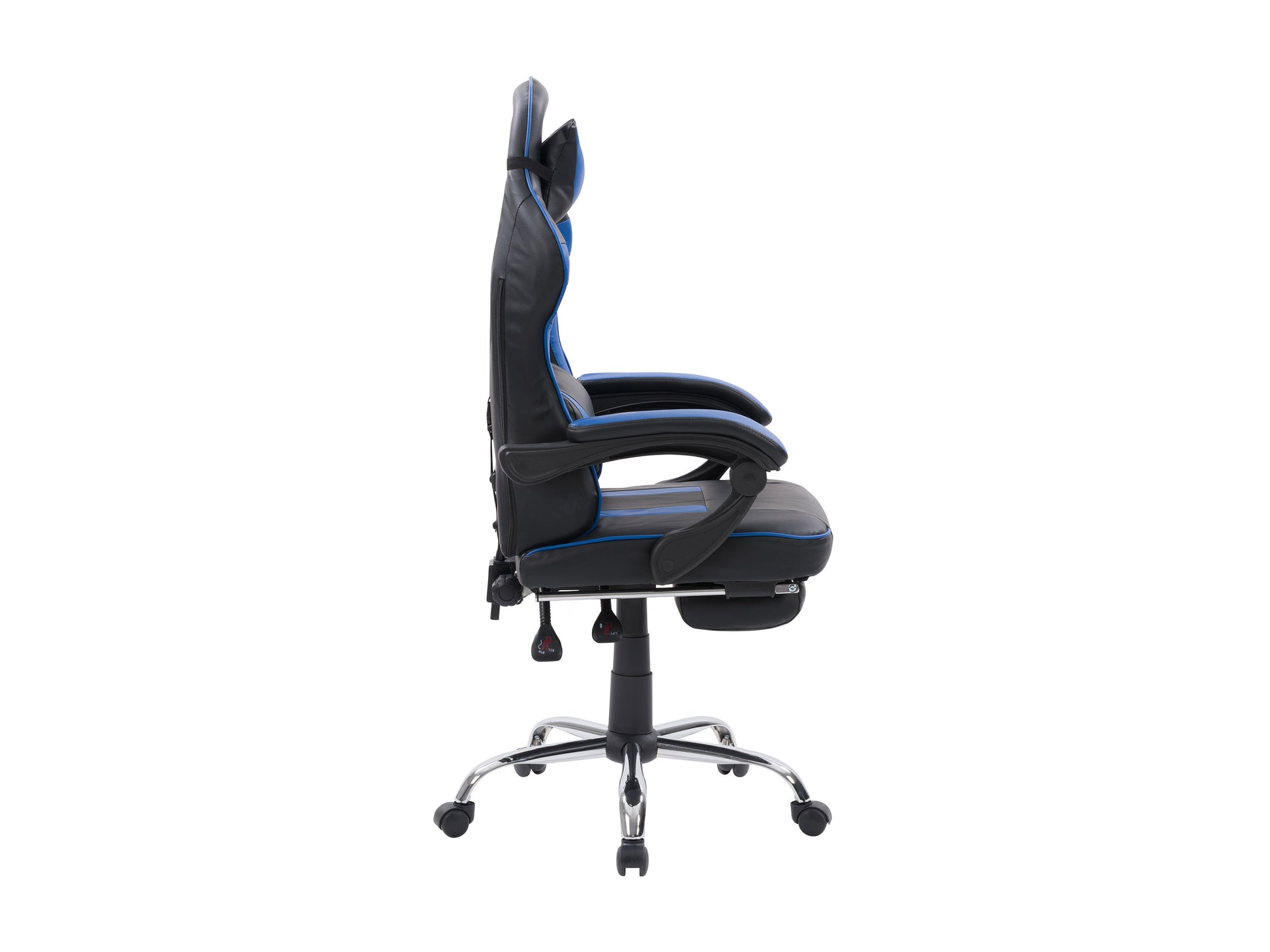 Ergonomic black and red gaming chair with footrest, adjustable armrests, high backrest, lumbar support, and breathable PU leather upholstery designed for comfort during extended gaming sessions.
