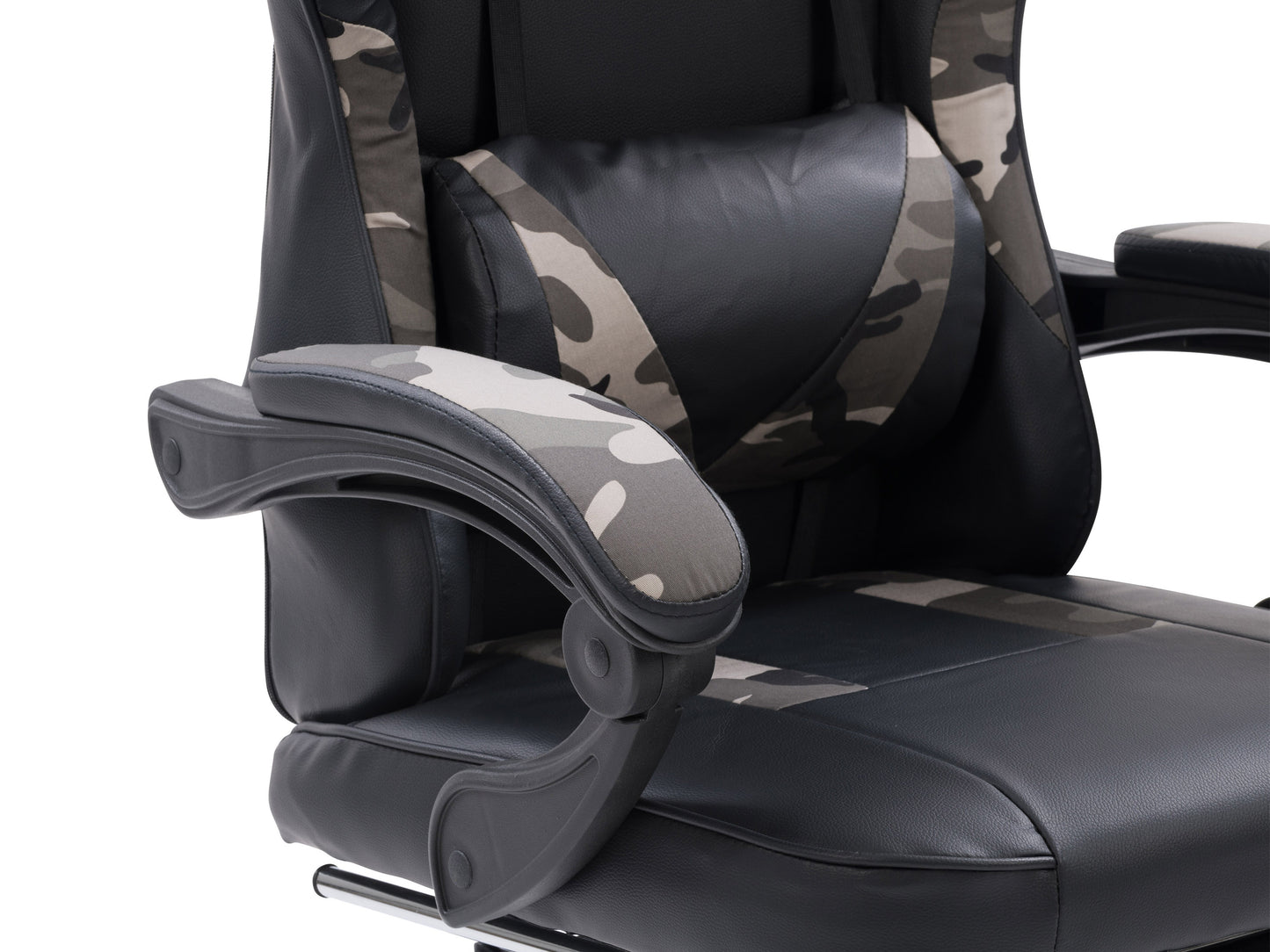 Ergonomic black and red gaming chair with footrest, high backrest, adjustable armrests, and lumbar support, designed for comfort during long gaming sessions, featuring durable PU leather and breathable mesh fabric.