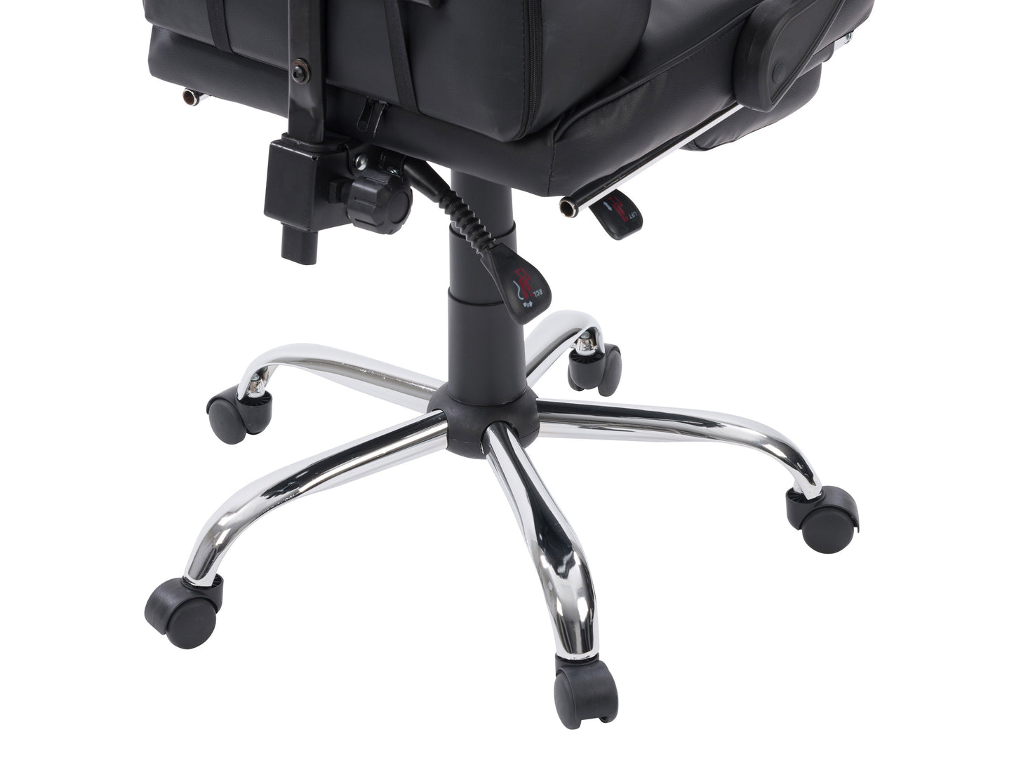 Black and red gaming chair with footrest, ergonomic design, adjustable armrests, high backrest with head and lumbar support, PU leather upholstery, and sturdy base with smooth-rolling casters.