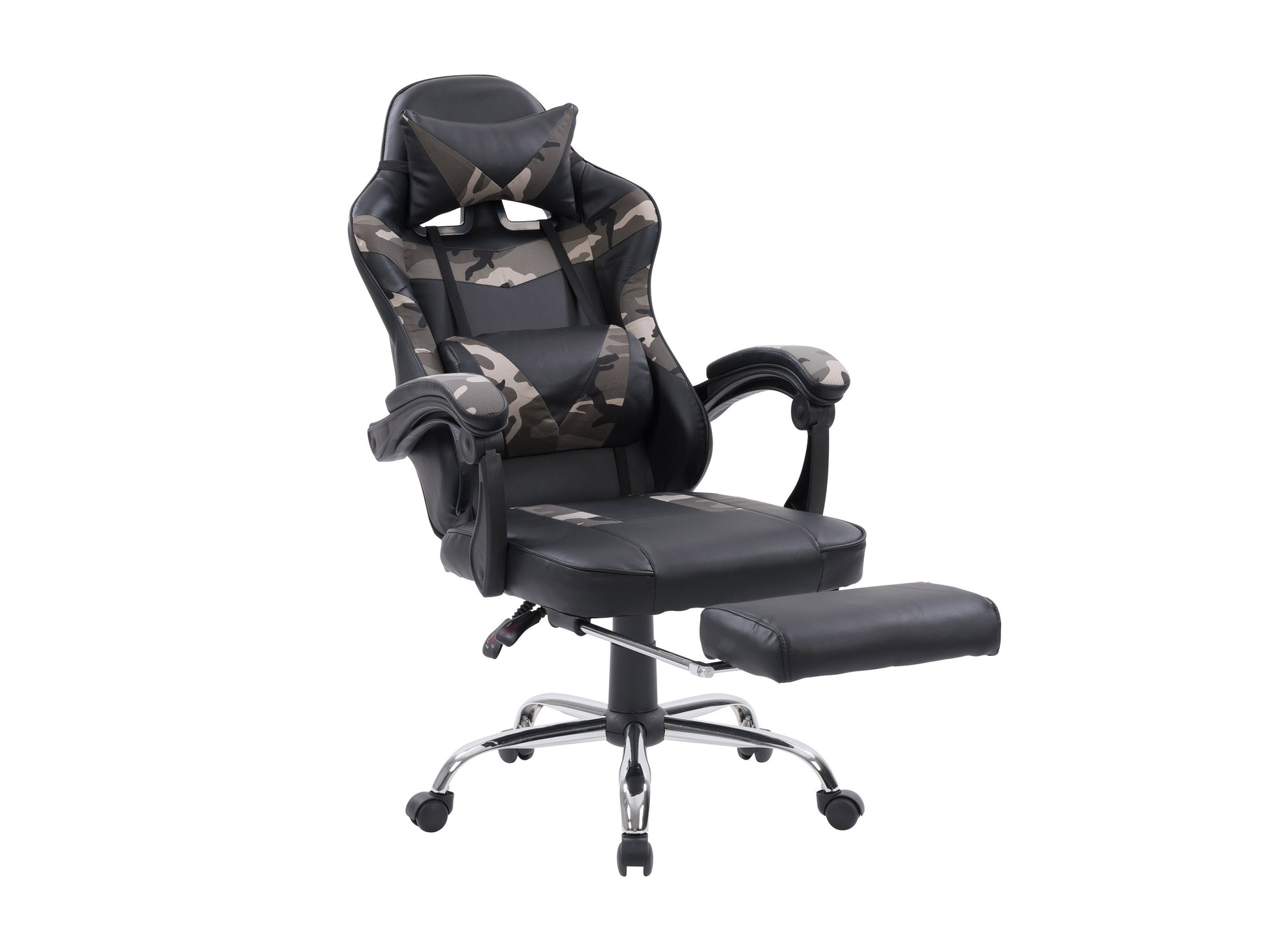 Black and white gaming chair with footrest, ergonomic design, adjustable armrests, high backrest, and lumbar support. Ideal for gamers seeking comfort and style. Made from durable leather and breathable mesh fabric.