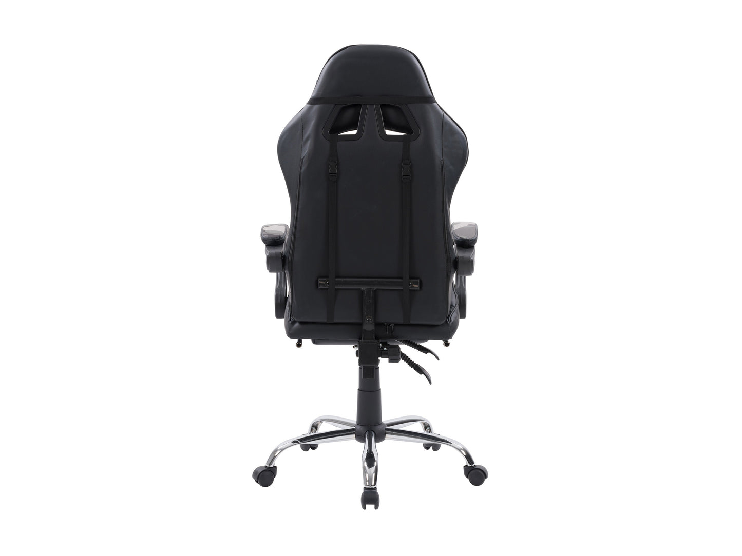 Black and red ergonomic gaming chair with footrest, high backrest, adjustable armrests, and lumbar support. Made with PU leather and breathable mesh for comfort during extended gaming sessions.