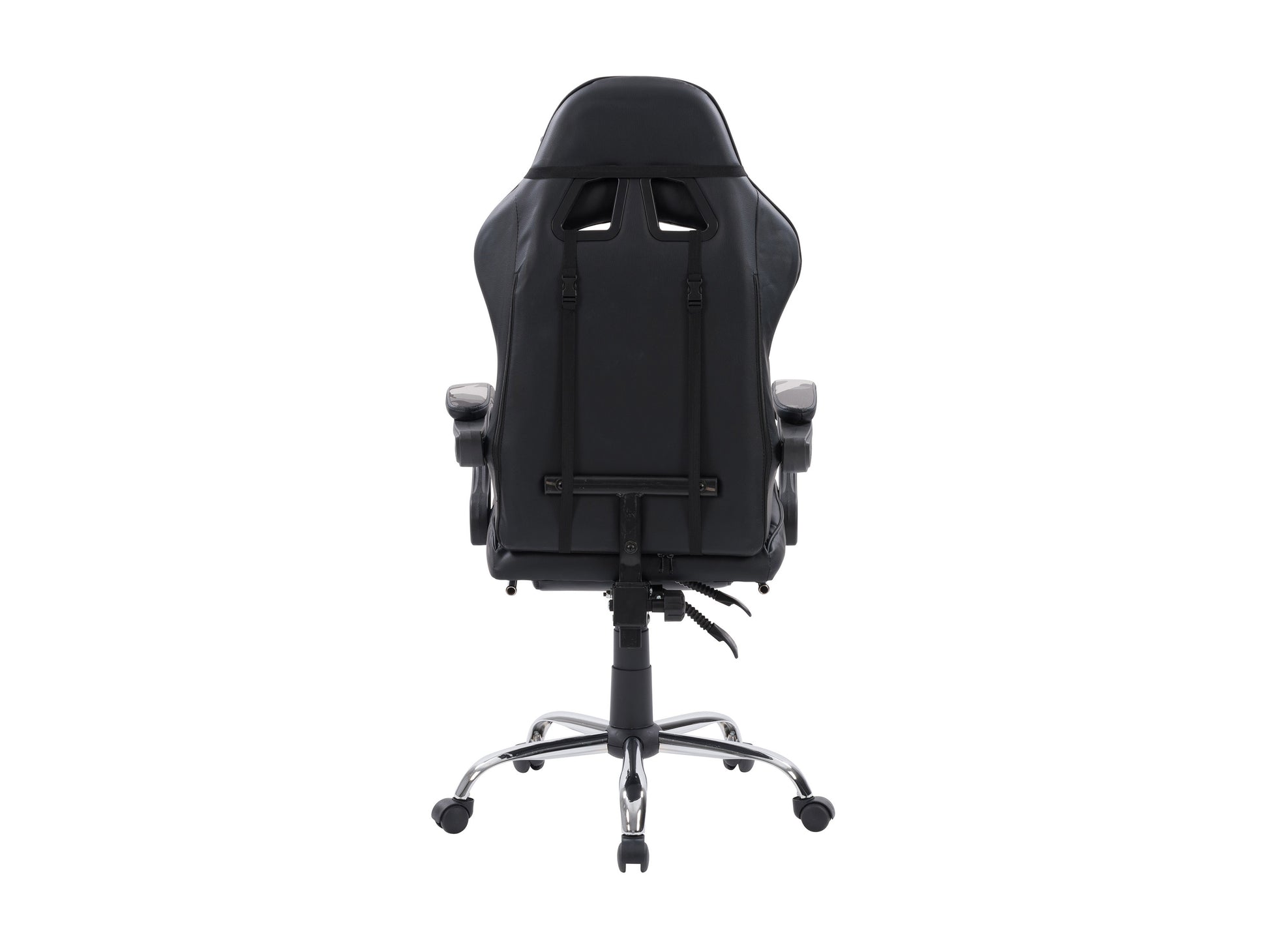 Black and red ergonomic gaming chair with footrest, high backrest, adjustable armrests, and lumbar support. Made with PU leather and breathable mesh for comfort during extended gaming sessions.