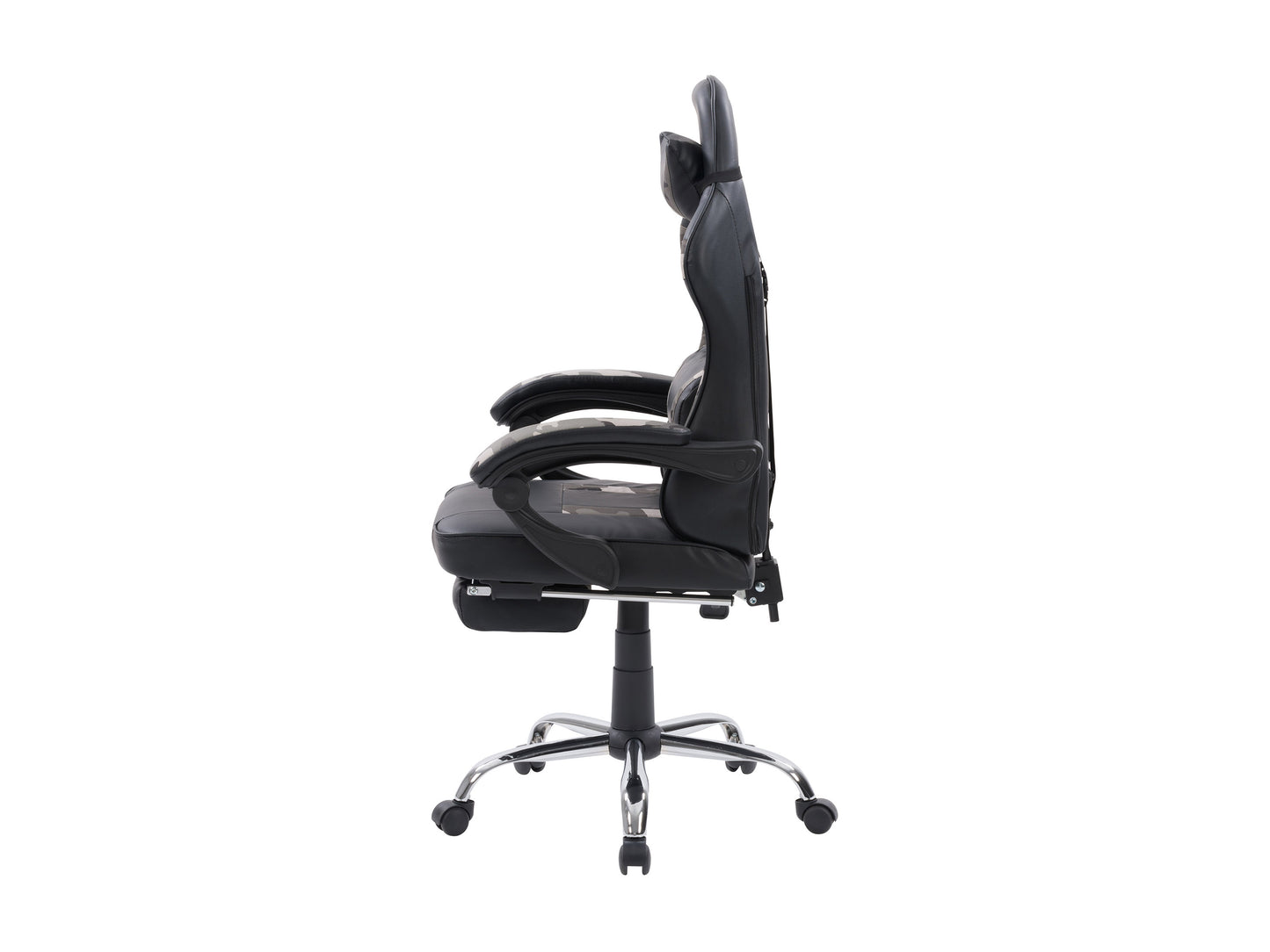 Ergonomic black and red gaming chair with adjustable footrest, high back support, padded armrests, and breathable mesh fabric for enhanced comfort and durability.