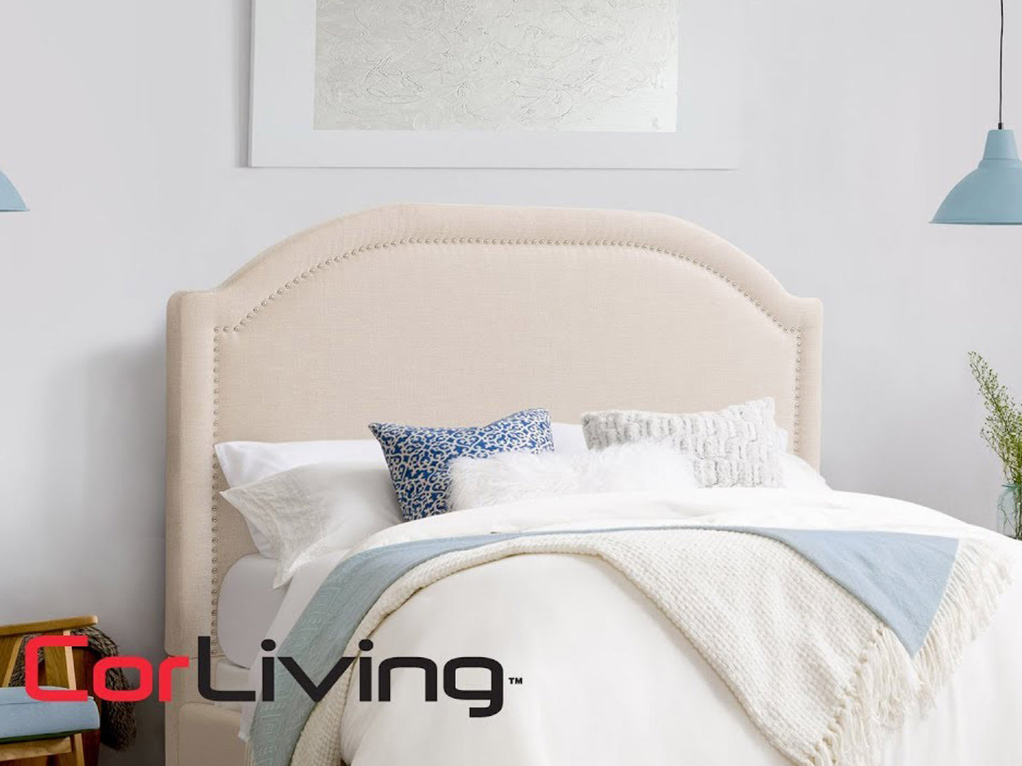 Upholstered double/full bed in light gray fabric with tufted headboard, wooden legs, and contemporary design perfect for modern bedrooms.