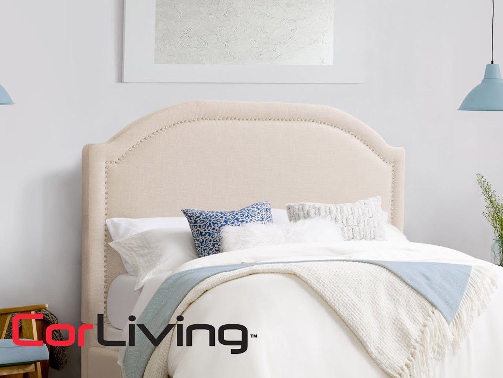 Upholstered double/full bed in light gray fabric with tufted headboard, wooden legs, and contemporary design perfect for modern bedrooms.